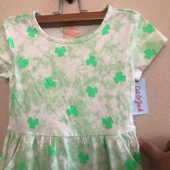 Cat & Jack Girls Green Shamrock Short  Sleeves Pocket Babydoll Style Dress S 6/7 - Picture 5 of 10